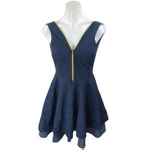 Ark & Co Navy Blue Yellow Zip Up Floral Embroidered Pleated Mini A Line Dress S